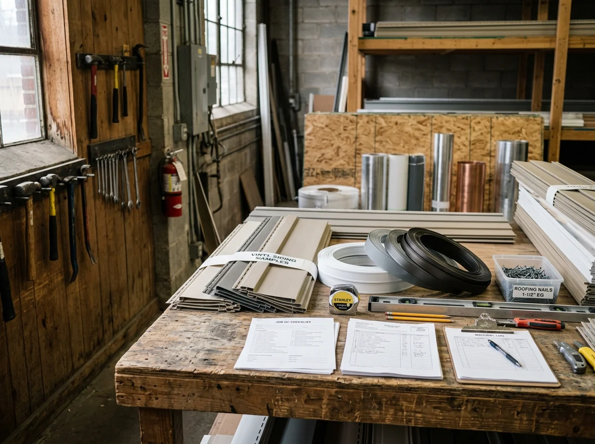 Construction tools and materials arranged on a work surface, representing the range of trades JPG Construction offers.