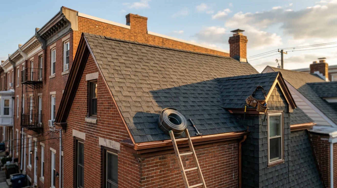 Roofing contractor installing new roof on a residential home