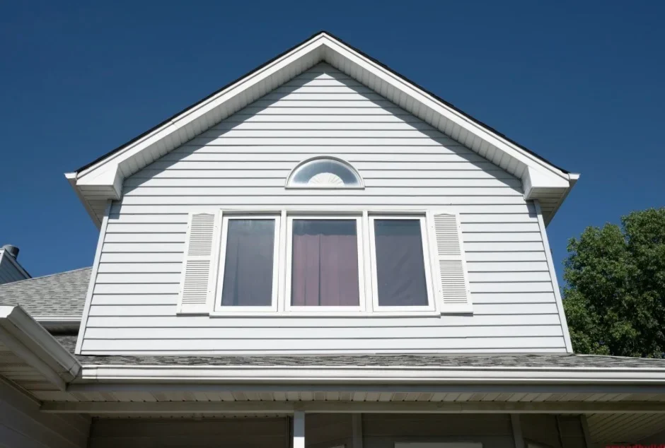 White vinyl horizontal lap siding with gable, trim, and half-round window on two-story home