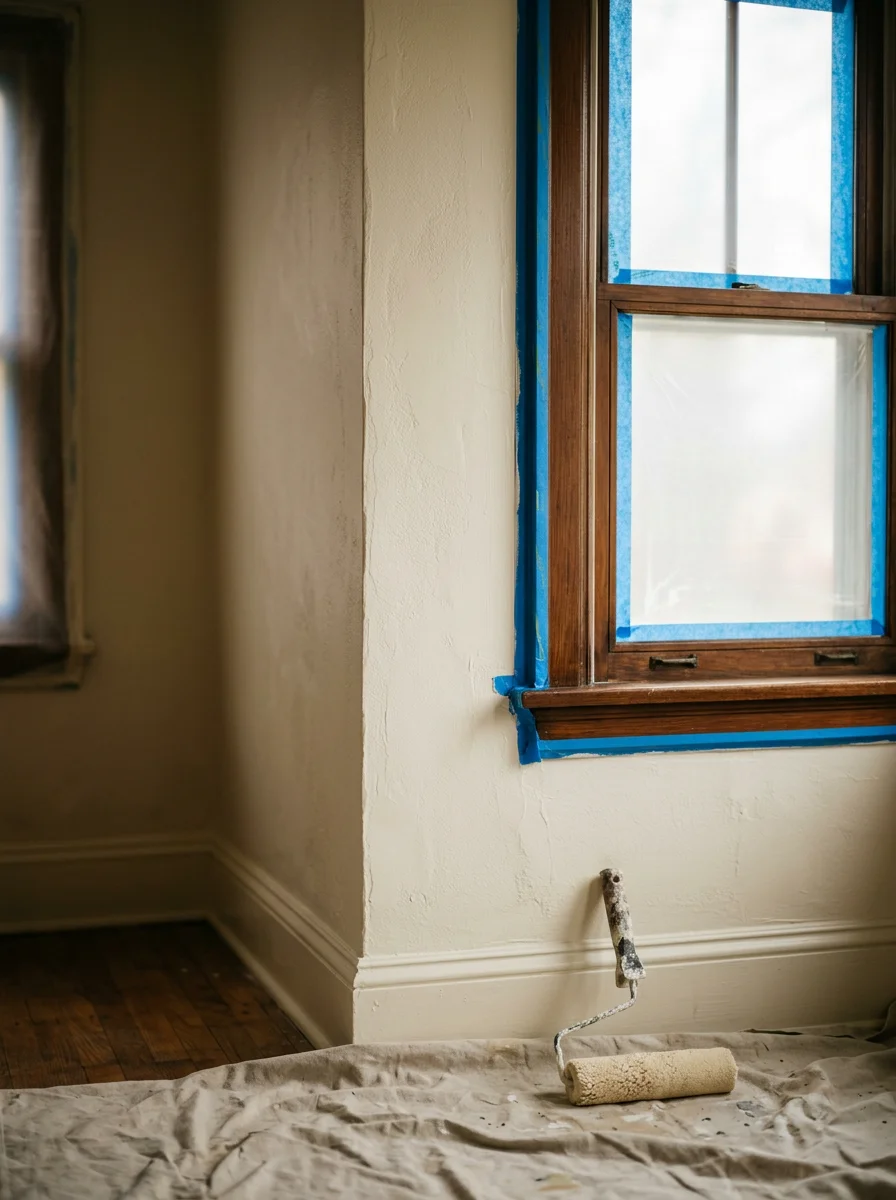 Interior painting in progress in a 1920s Bucks County borough twin, showing fresh paint applied to original plaster walls with wood window trim masked and ready for finish coat.