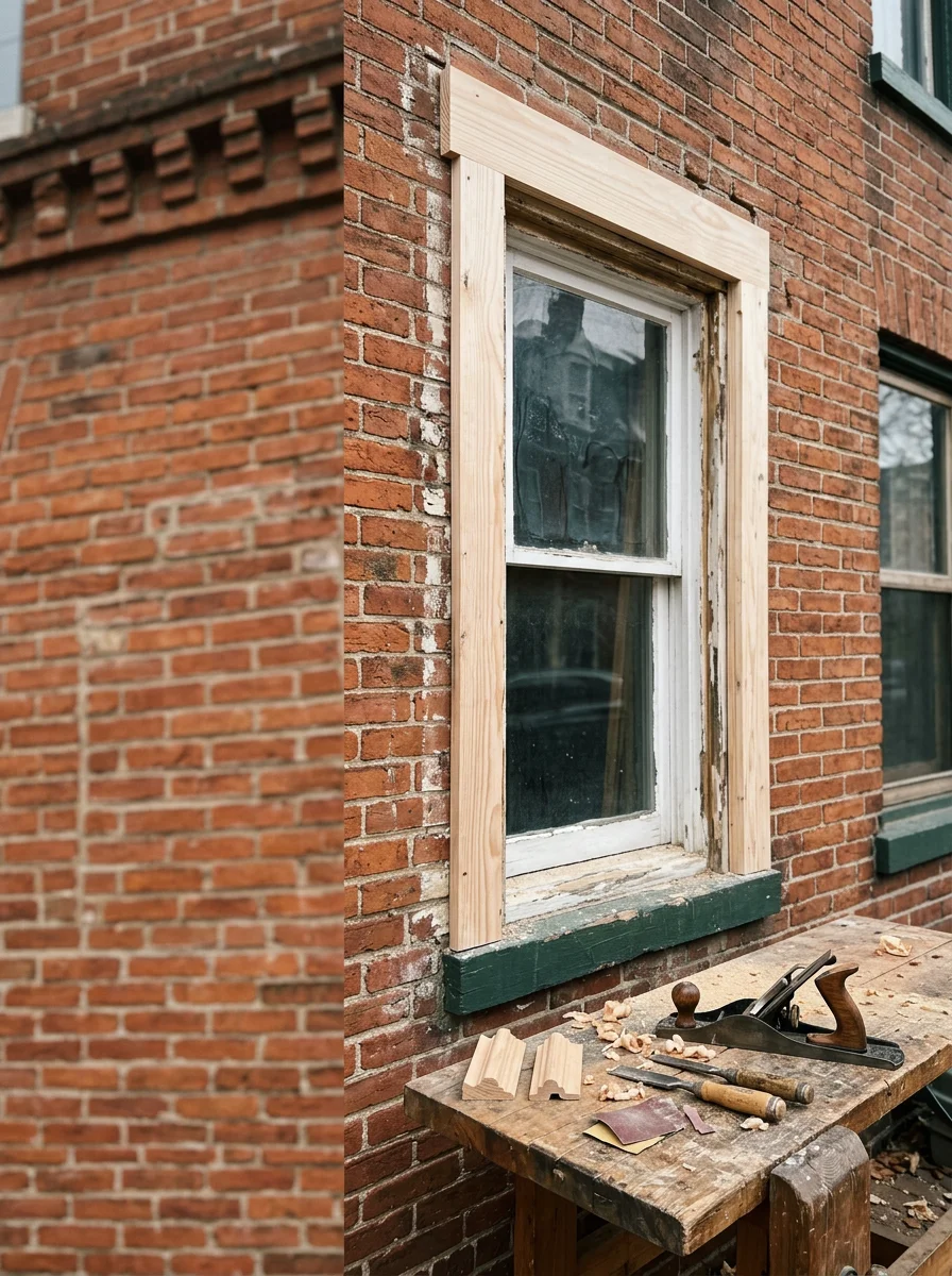 Custom carpentry repair in progress on a West Chester Borough rowhouse, showing a craftsman matching original wood window surround trim on a pre-1940 brick facade.