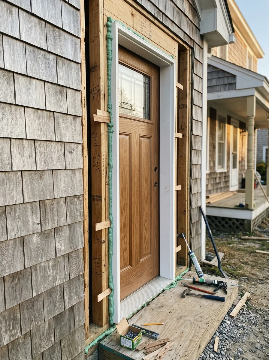 Exterior door installation on a Delaware coastal property near Sussex County, showing a new pre-hung door unit being set into the rough opening with perimeter sealing applied before trim reinstallation.