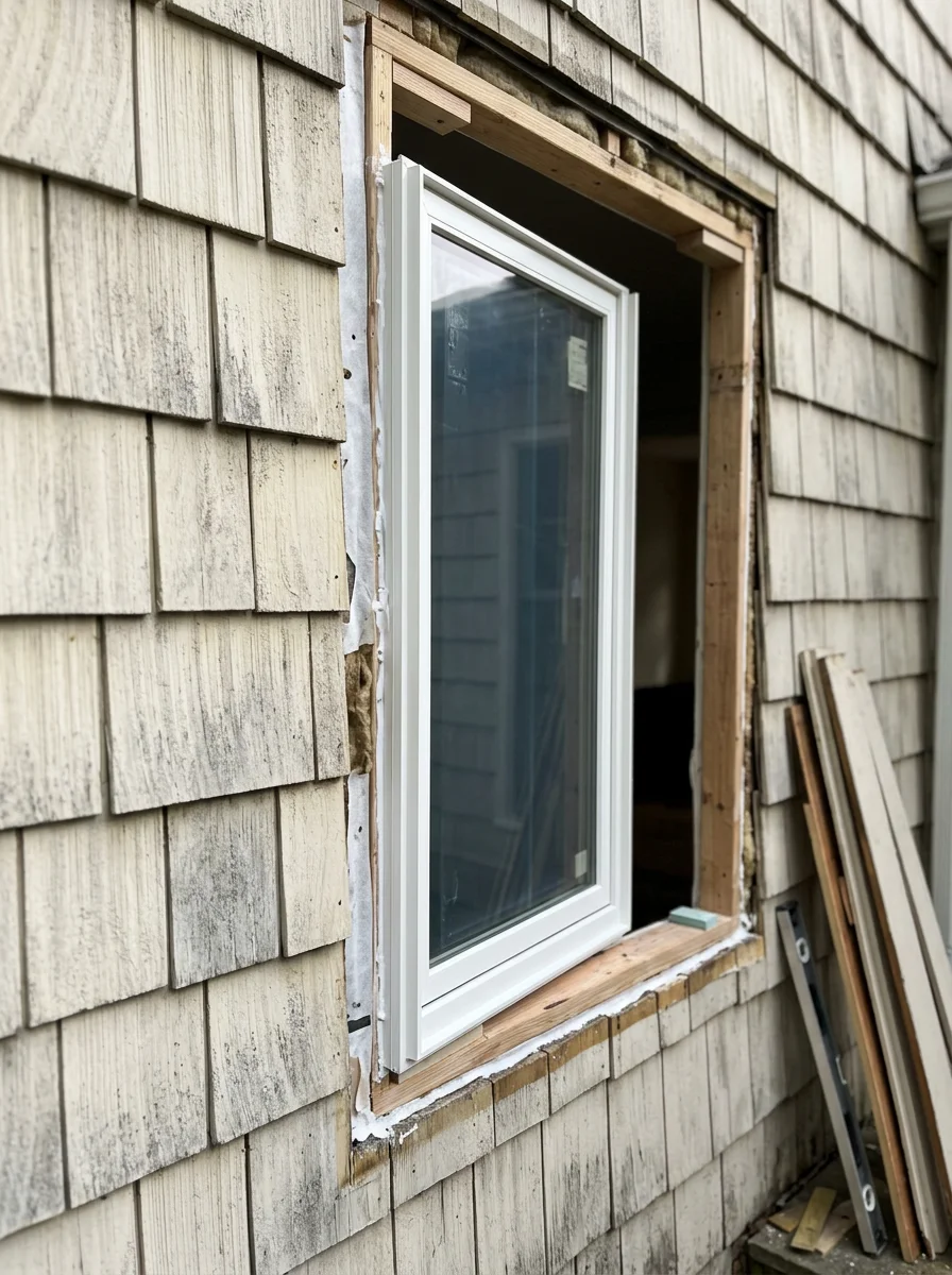 Replacement window being set into the rough opening of a Garnet Valley colonial home, with the surrounding original siding intact and perimeter sealed before trim reinstallation.