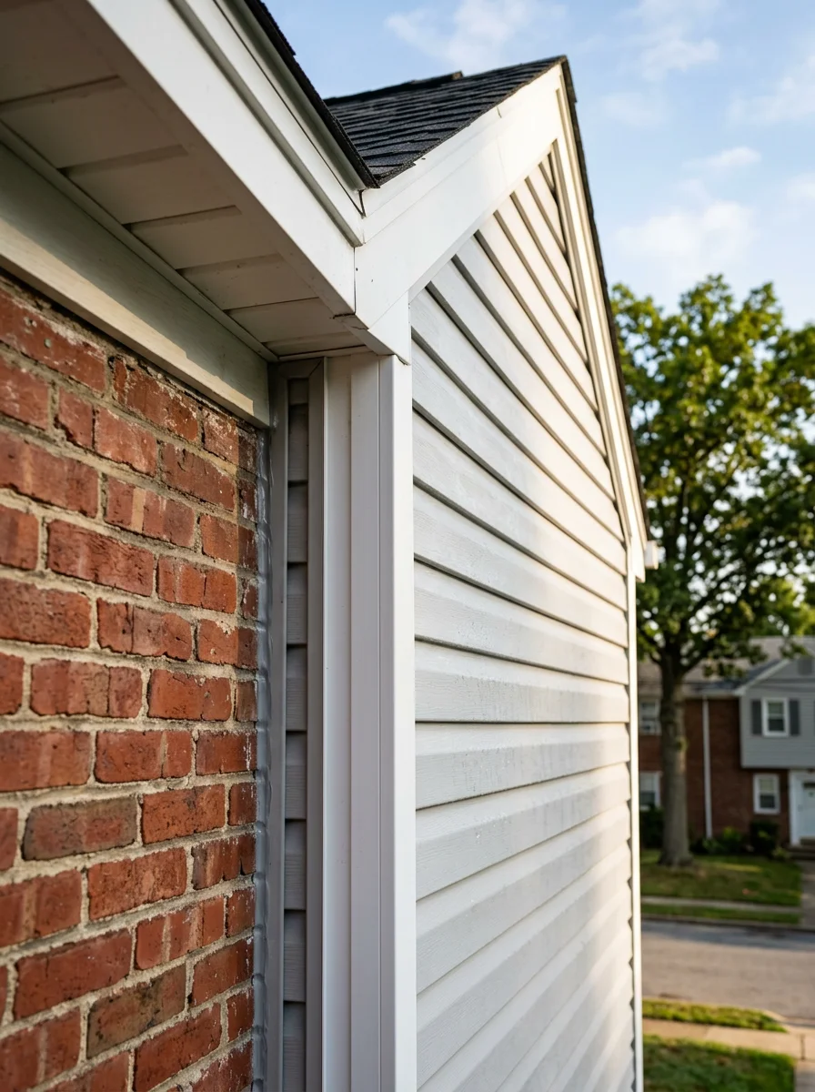 Vinyl siding installation on the upper gable section of a Havertown twin home, showing the new panels meeting the original brick facade at a sealed transition joint.