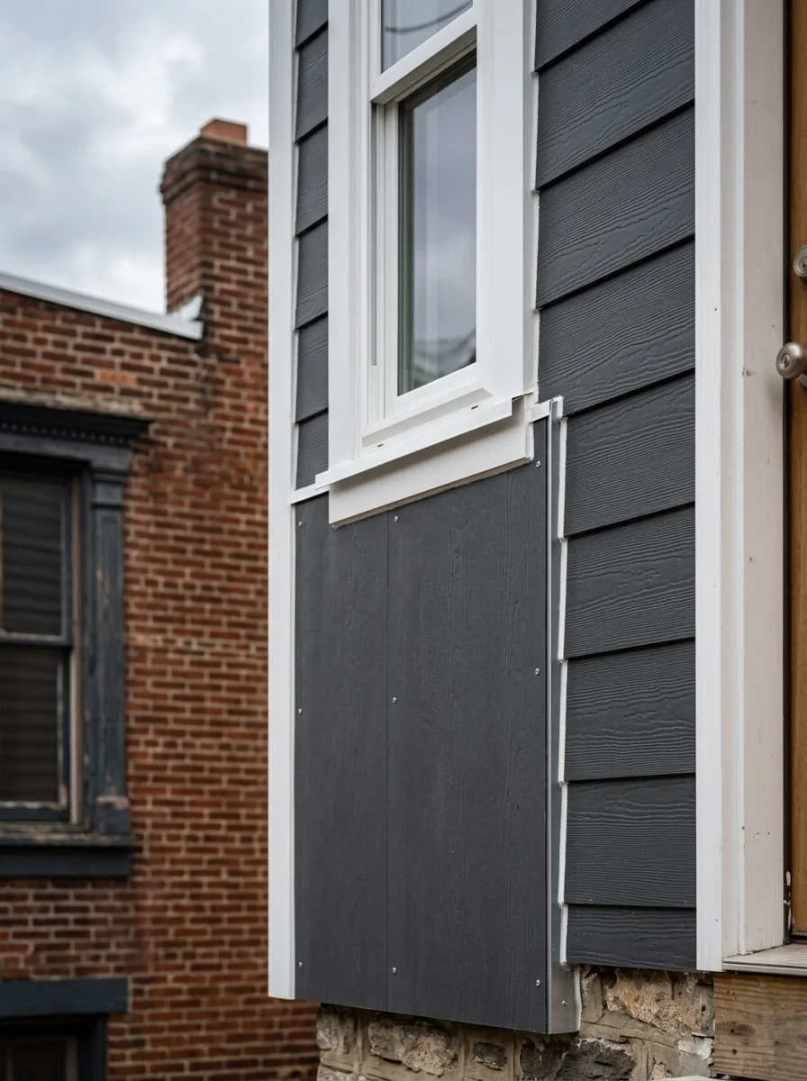 Close-up of a newly installed cement board siding panel on a pre-war Philadelphia home, showing the clean trim detail at the window head and sealed joint at the door frame.