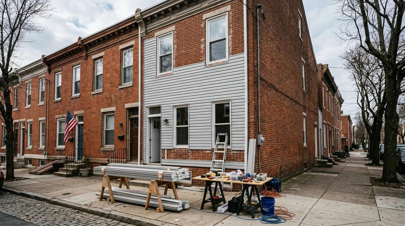 Vinyl siding installation in progress on a Philadelphia row house block, with original brick party walls visible on both sides and a staging setup running along the front sidewalk.