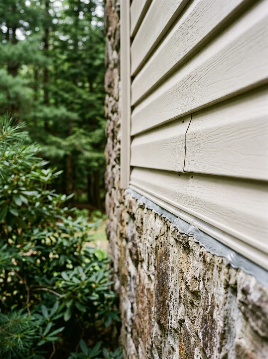 Close-up of new vinyl siding installed on a 1970s Pocono vacation cabin, showing the bottom course sealed above the foundation line to prevent snowmelt intrusion.