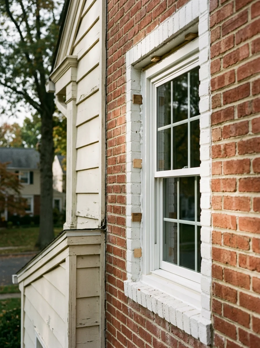 Window replacement in progress on a tri-state area home with northeast exposure, showing a new double-pane unit being set and sealed at the perimeter before exterior trim is reinstalled.