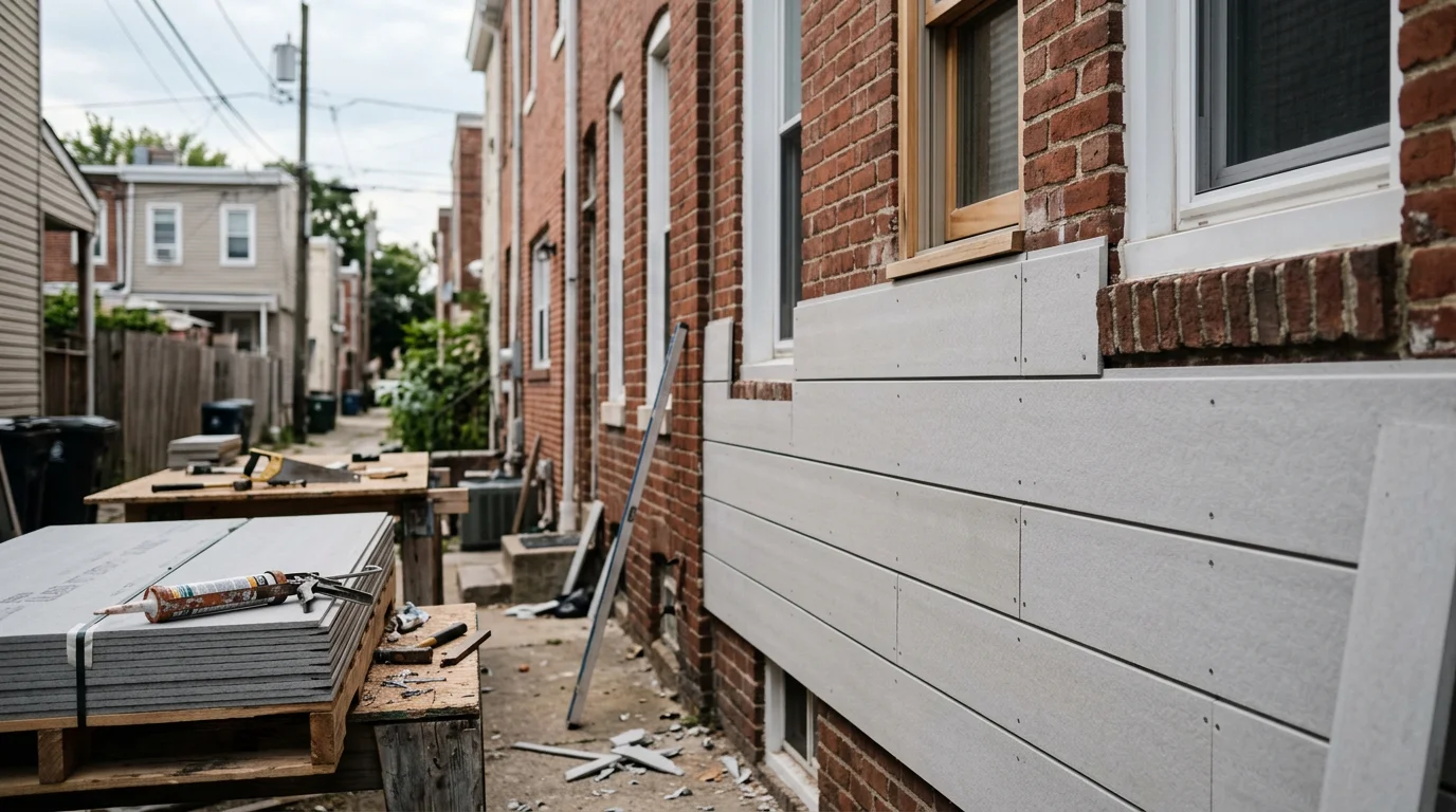 Freshly installed cement board siding on a two-story Philadelphia-area home, showing clean horizontal plank lines and a painted finish. The exterior reflects a typical residential street in the Tri-State Area with the siding fully covering the facade.