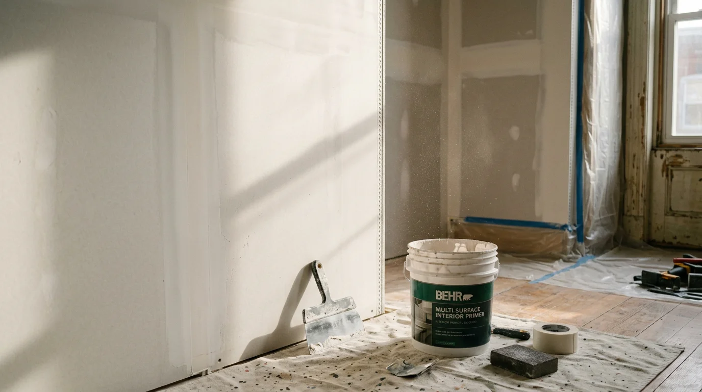 Freshly finished and painted drywall walls inside a Philadelphia rowhouse, showing smooth seams and an even coat of paint throughout the room. Close view of a wall corner where drywall joints have been taped, finished, and painted to a clean, uniform surface.