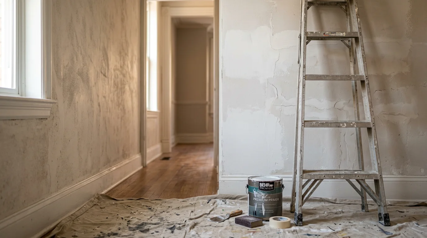Freshly painted interior walls of a Philadelphia rowhouse with smooth, even coverage and clean edges along the trim. The room shows a narrow layout typical of older homes in the Philadelphia area.