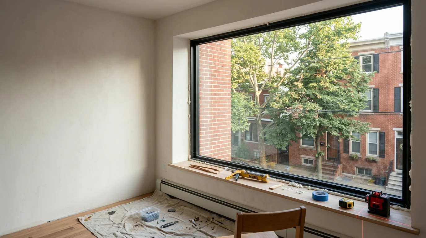 A large fixed picture window installed in a Philadelphia-area home, showing an unobstructed view of a residential backyard through a clean, wide glass pane. The interior wall framing and trim are visible, reflecting a typical Tri-State Area single-family home setting.