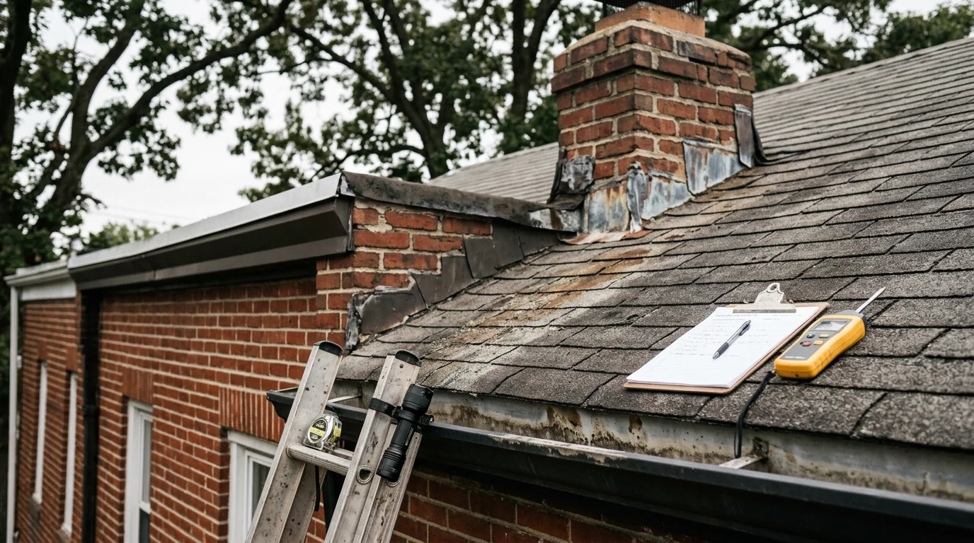 A roofing contractor from JPG Construction inspecting the shingles and flashing on a residential roof in Philadelphia. The inspector examines the roof surface up close while a row of typical Philadelphia homes is visible in the background.