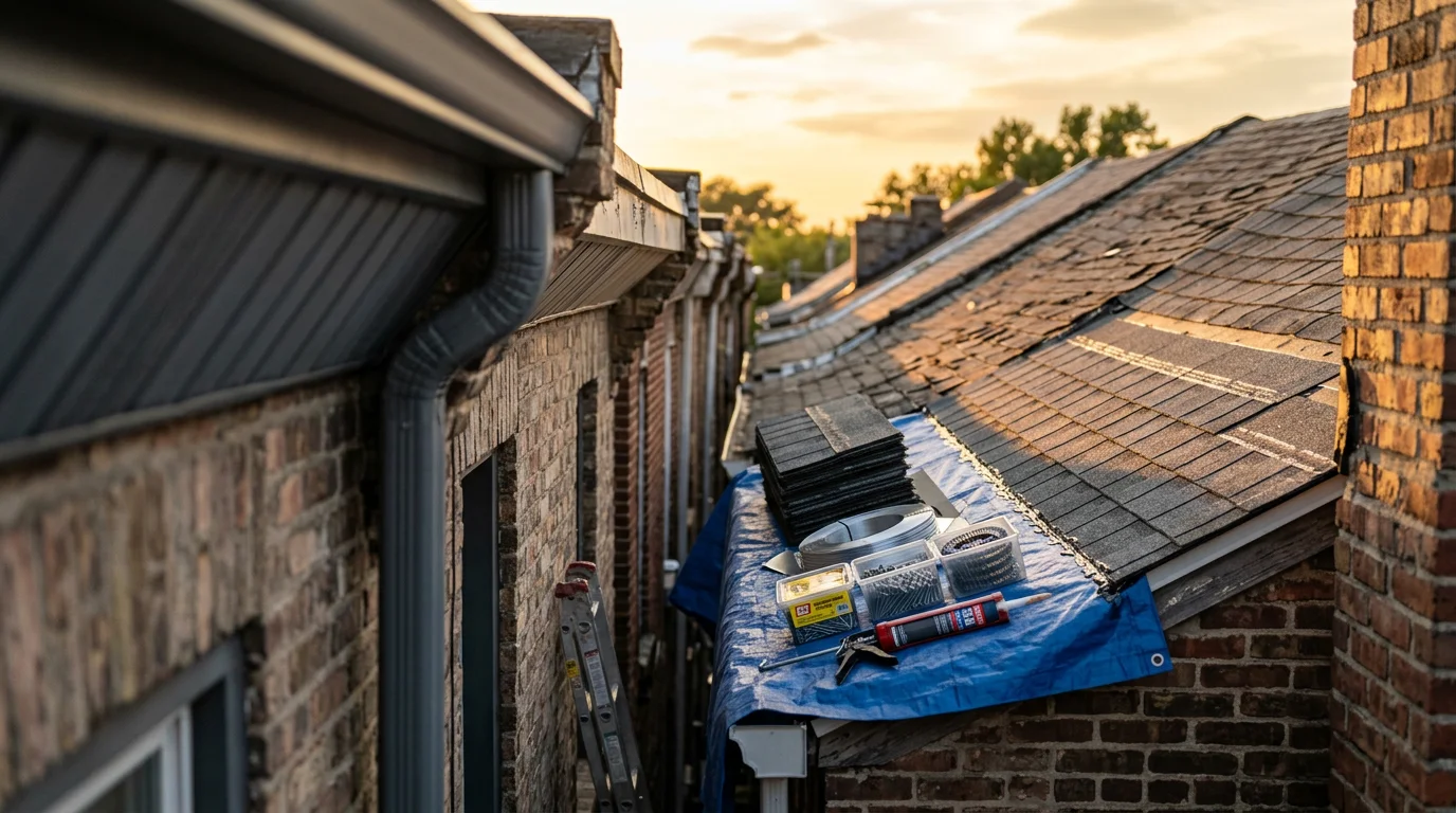 A roofing contractor repairing damaged flashing and shingles on a Philadelphia row home flat roof. Close-up view of the repair work in progress on an urban residential rooftop.