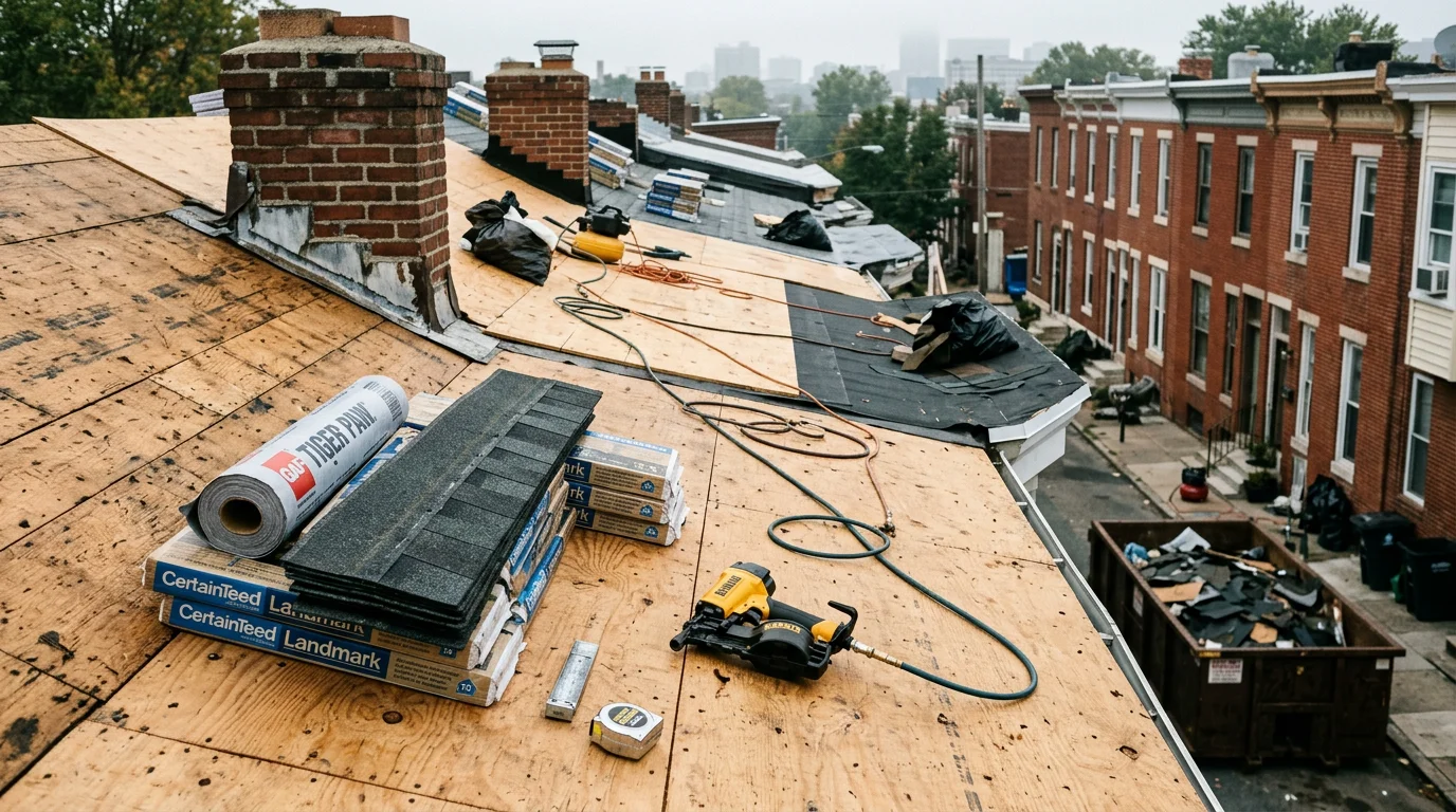 A completed roof replacement on a residential home in Philadelphia, showing a clean, fully installed roofline on a row home-style property. JPG Construction crew work visible in the background with staging set up along a narrow urban street.