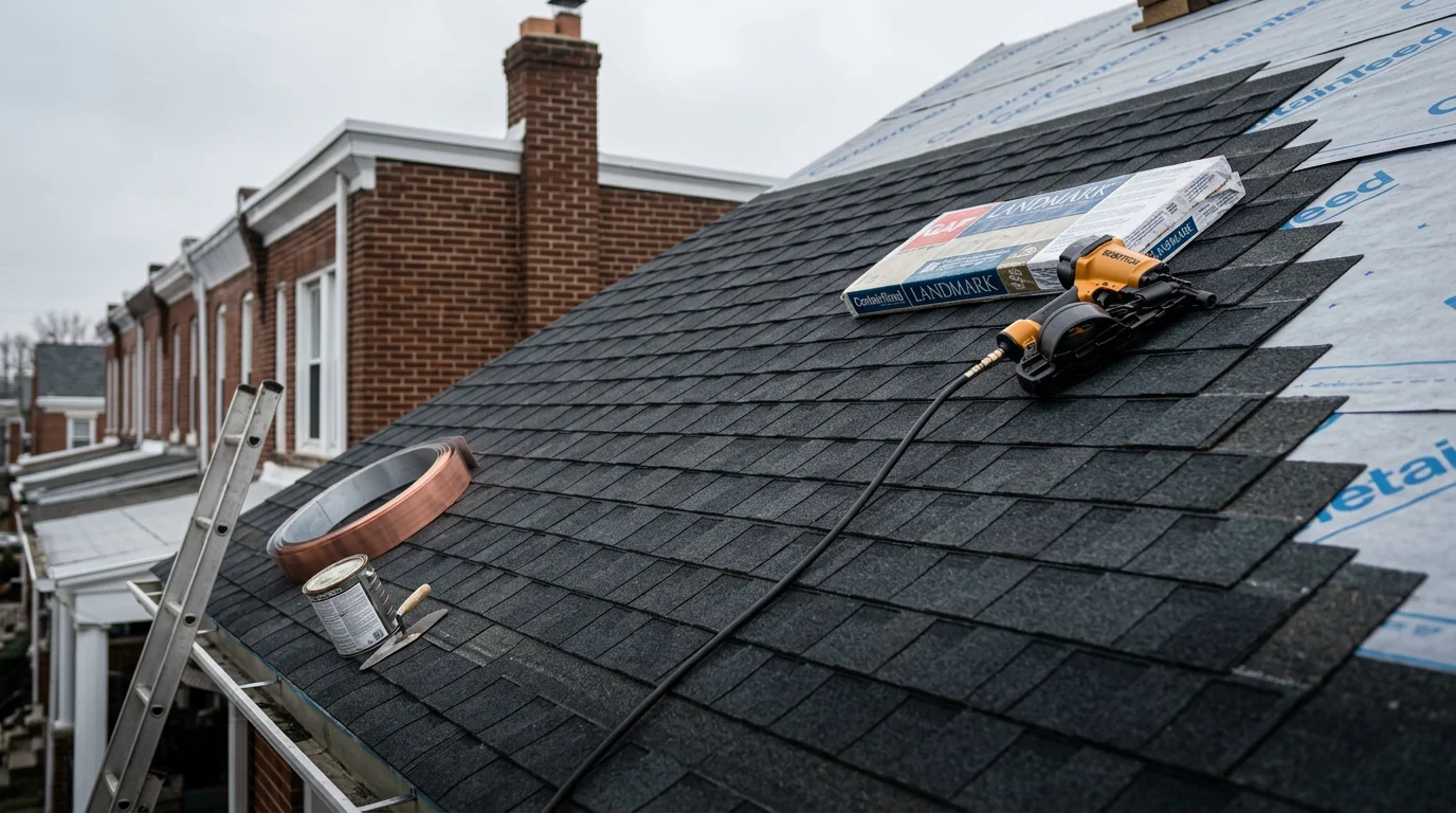 A completed roofing installation on a residential home in Philadelphia, showing a clean roofline with new surface material and properly finished edge details. The surrounding row home streetscape is visible in the background.