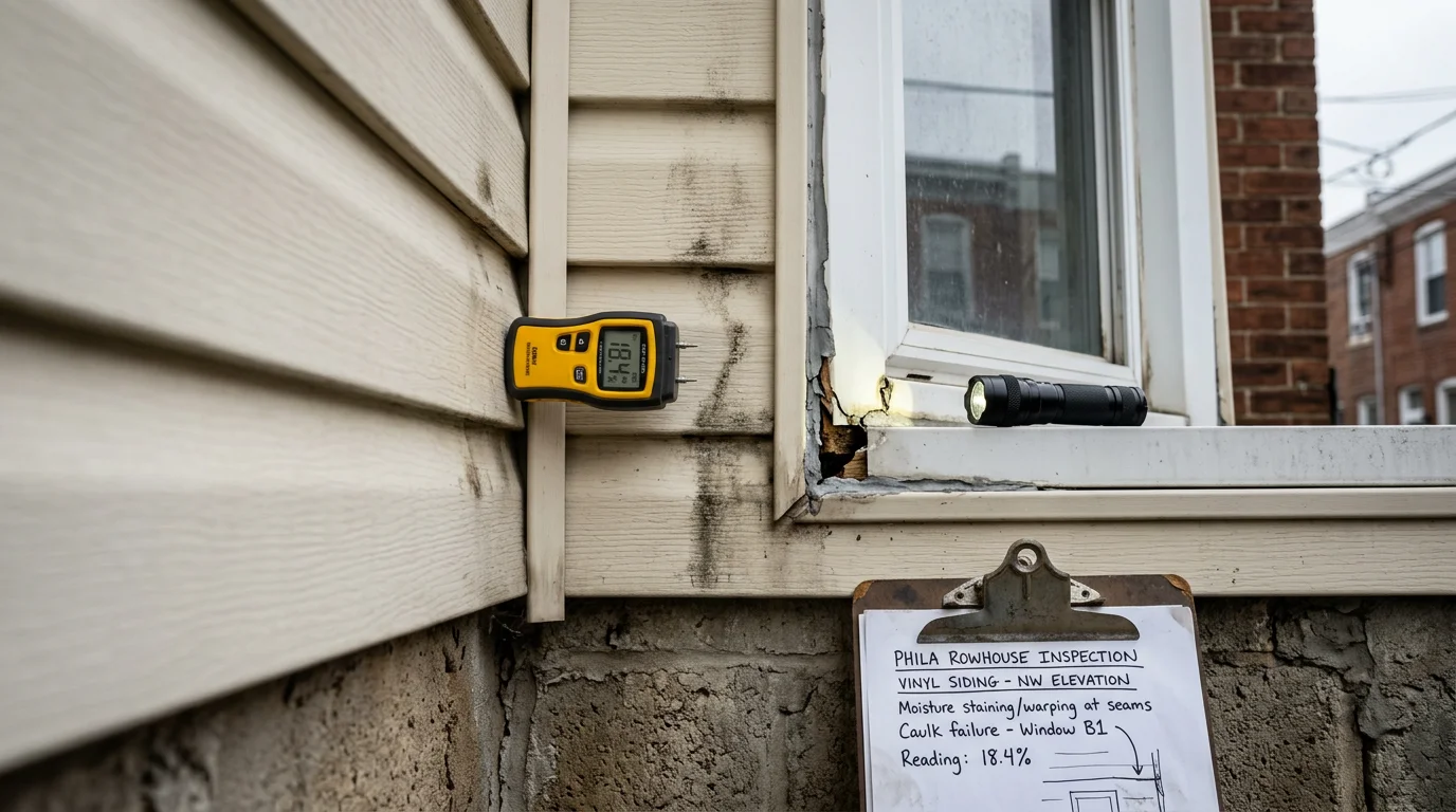 A JPG Construction contractor examining exterior siding panels on a Philadelphia-area home, checking seams and fasteners for signs of moisture damage and wear. Close-up view of the inspection process on a residential rowhome exterior.