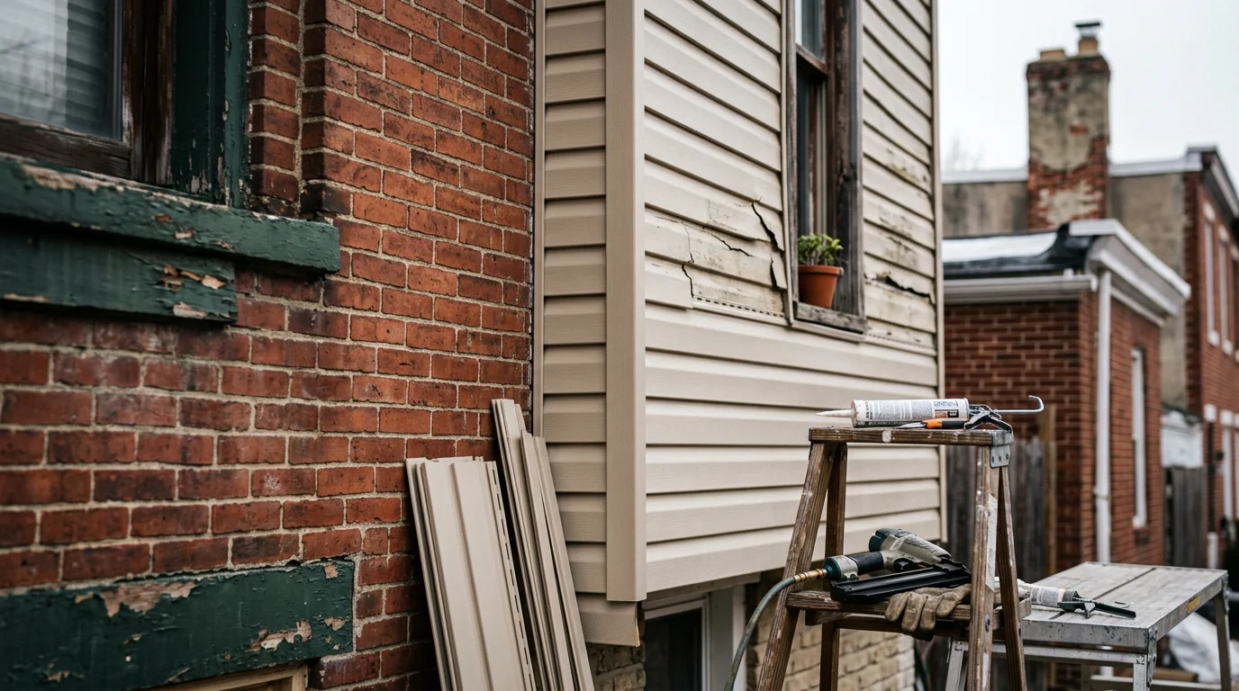 A repaired section of exterior siding on a Philadelphia row home, showing patched and sealed panels flush with the surrounding wall. Close-up view of the finished repair with no visible gaps or cracks along the seams.