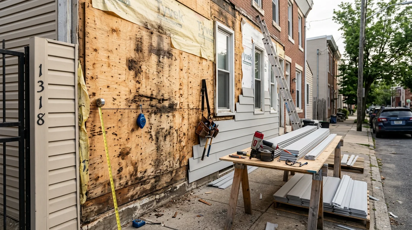 Freshly replaced exterior siding on a two-story Philadelphia-area home, showing clean panel lines and updated trim around the windows. The completed replacement covers the full facade of the house from foundation to roofline.