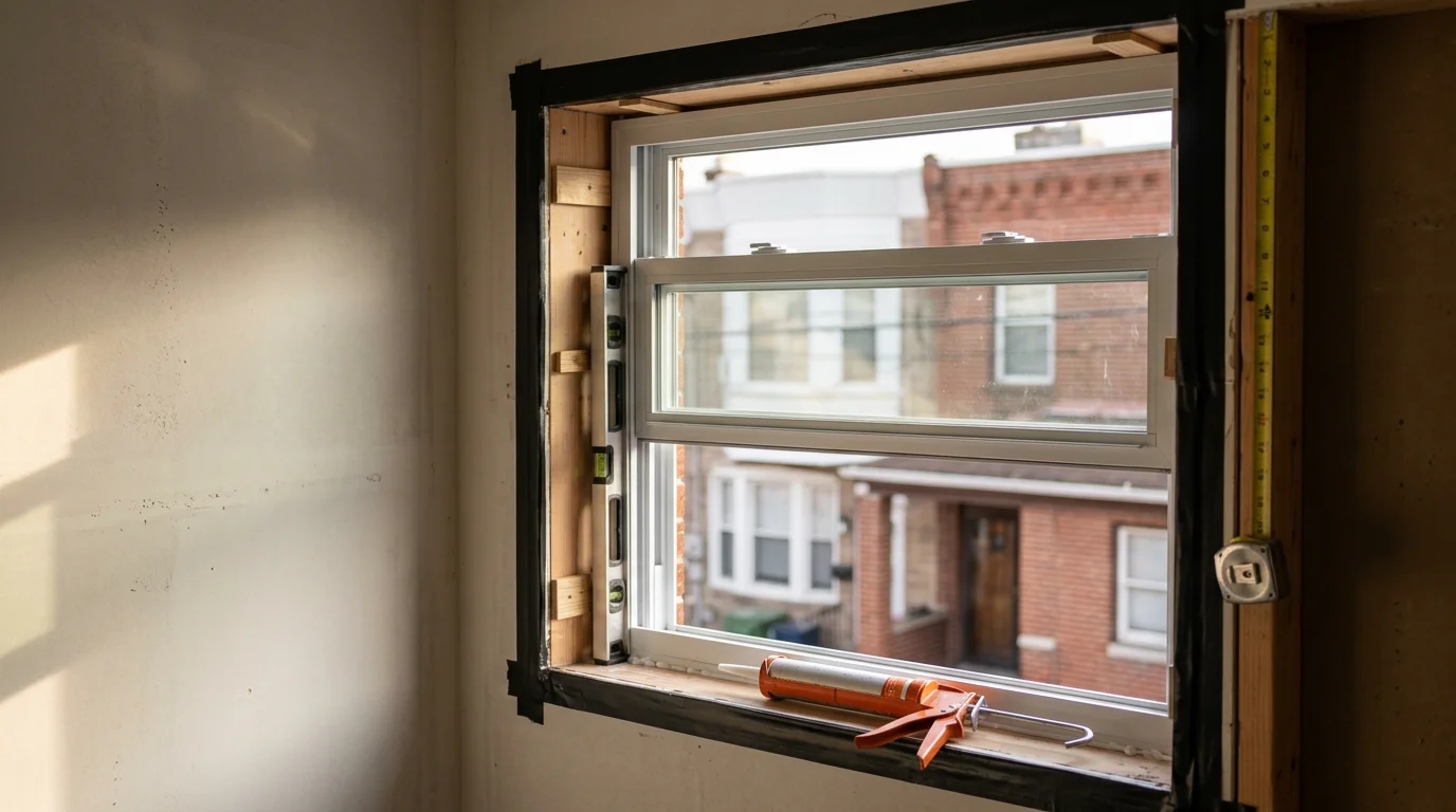 A newly installed sliding window in a Philadelphia row home, showing a clean horizontal frame and clear glass with an unobstructed view of the street outside. The interior sill is finished and the track is free of gaps or visible sealing issues.