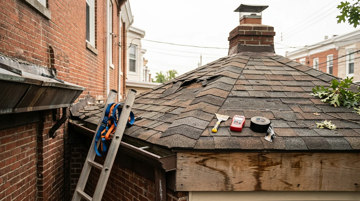 A Philadelphia-area row home roof showing missing shingles and lifted flashing after a wind and rain storm. A roofing contractor inspects the storm damage up close on the pitched section of the roof.