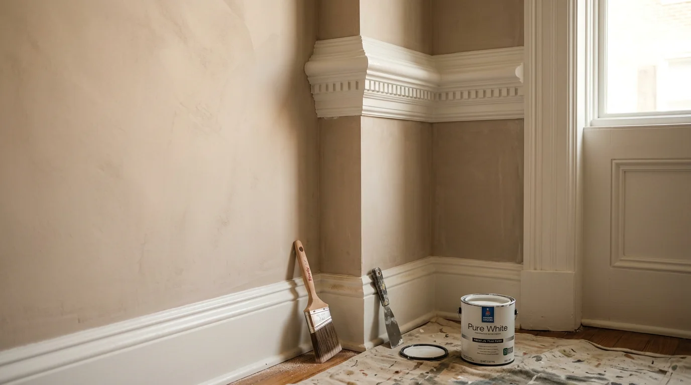 Freshly painted white crown molding and baseboards in a Philadelphia row home interior, with clean edges where trim meets plaster walls. Close-up view shows smooth, even finish on detailed Victorian-style woodwork.