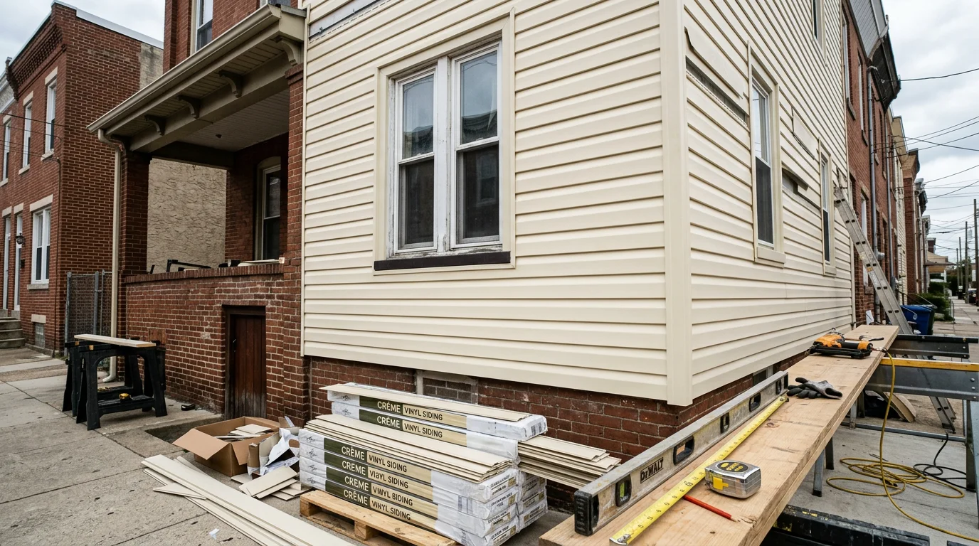 Freshly installed vinyl siding on a Philadelphia-area rowhouse exterior, showing clean panel lines and detailed trim around windows. The finished facade reflects the tight lot conditions common across the city and surrounding Tri-State Area neighborhoods.