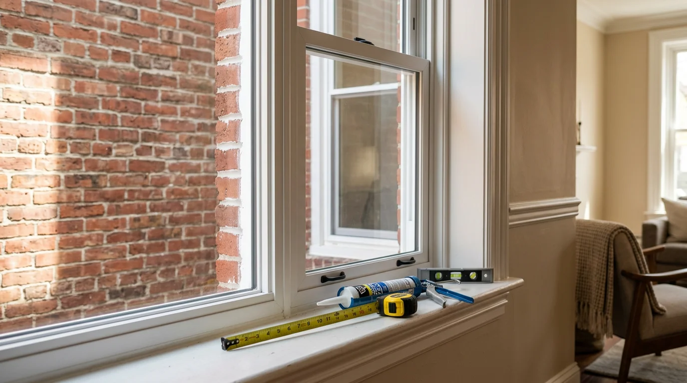 A newly installed window on a Philadelphia-area home with clean trim work and a tight seal around the frame. The exterior view shows a well-fitted window that sits flush with the surrounding wall.