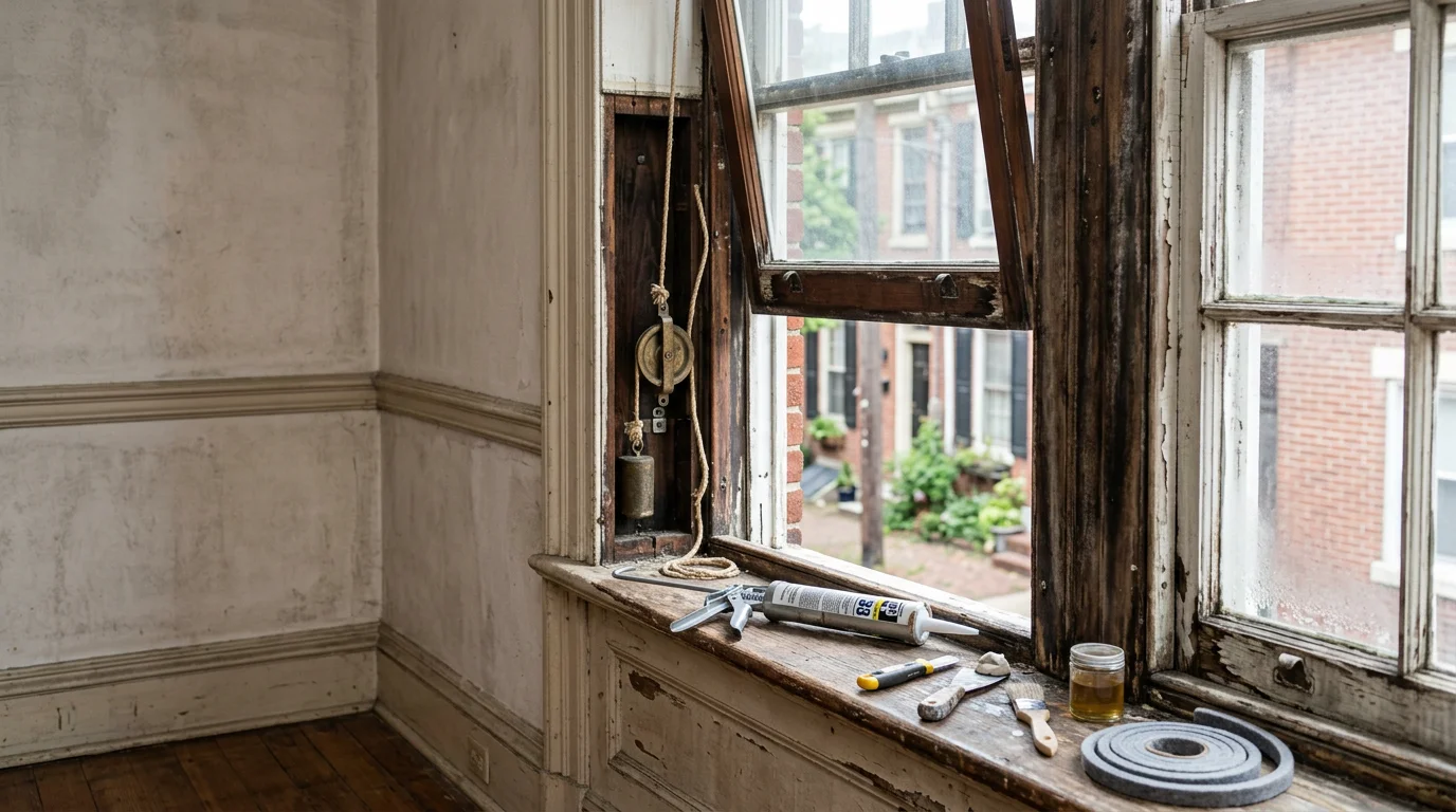 A repaired double-hung window on a Philadelphia rowhome, showing a restored wood frame and clear glass panes free of fog or damage. Close-up view highlights fresh weatherstripping along the sash and a properly seated window lock.