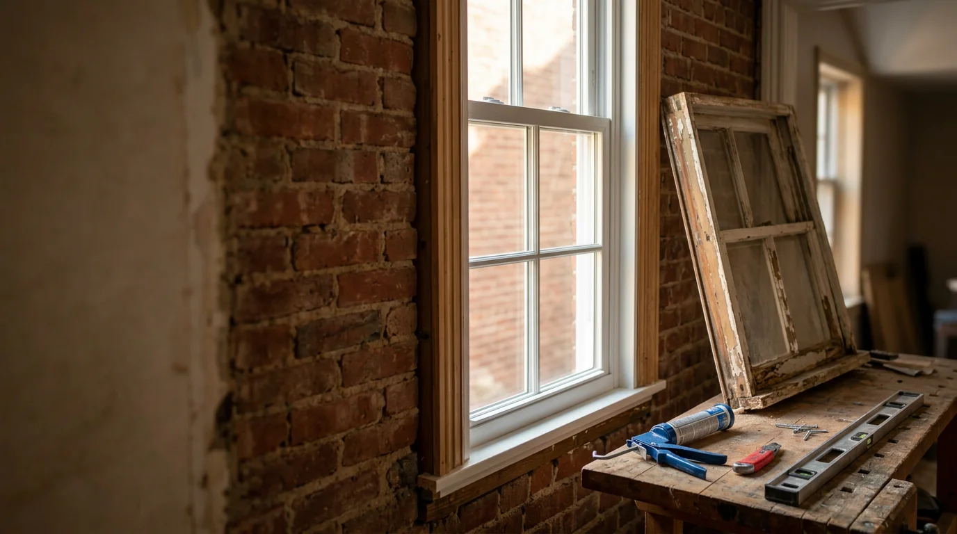 A Philadelphia-area rowhouse with newly installed replacement windows, showing clean frames and clear glass against a brick exterior. A contractor from JPG Construction inspects the finished window from the exterior sidewalk.